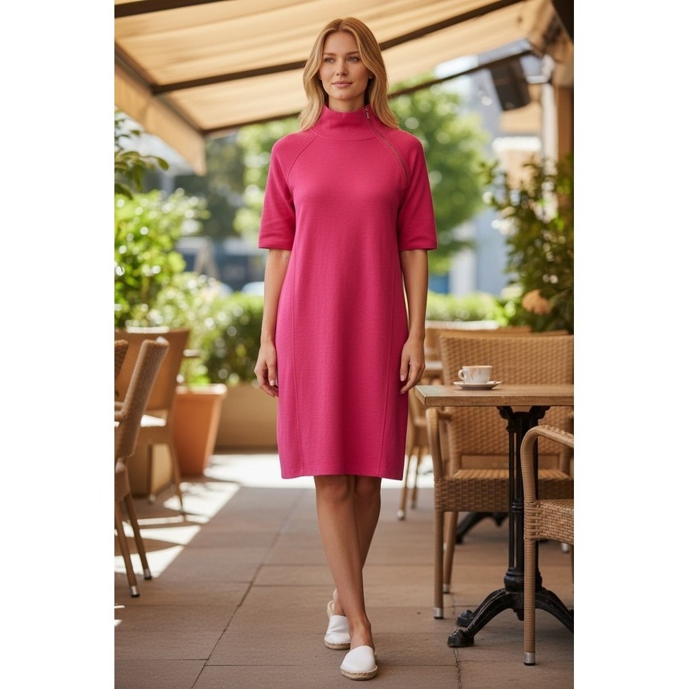 Calvin Klein Sweater Dress Womens Size L Bright Pink Mock Neck Zip Collar modest